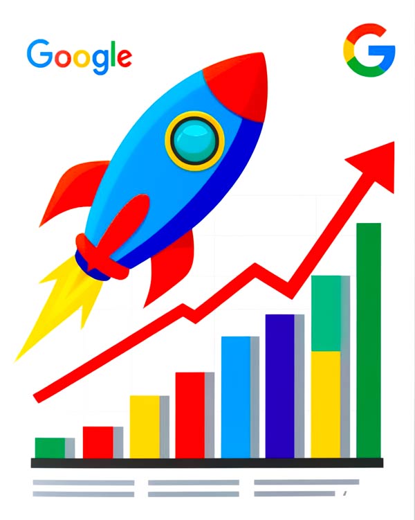 A rocket on up profit chart, dynamic, vibrant, bold, colourful. rocket pointing to top right, flat image covering whole page with google logo in the back ground.