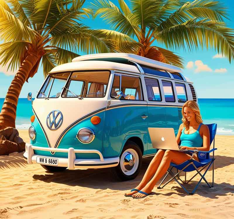 Image of a kombi van with ba woman on a laptop sitting next to it on a camp chair under palm trees at the beach.