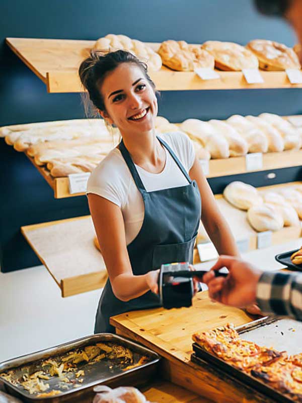 Lady baker serving customer in her business.